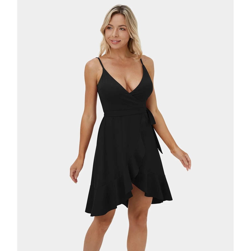 Halara SoftlyZero Airy Black Deep V Backless Ruffle Midi Dress XL NWT